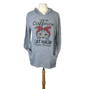 I RUN ON CAFFEINE, CAT HAIR AND CUSS WORDS Long Pullover Gray Hoodie, M